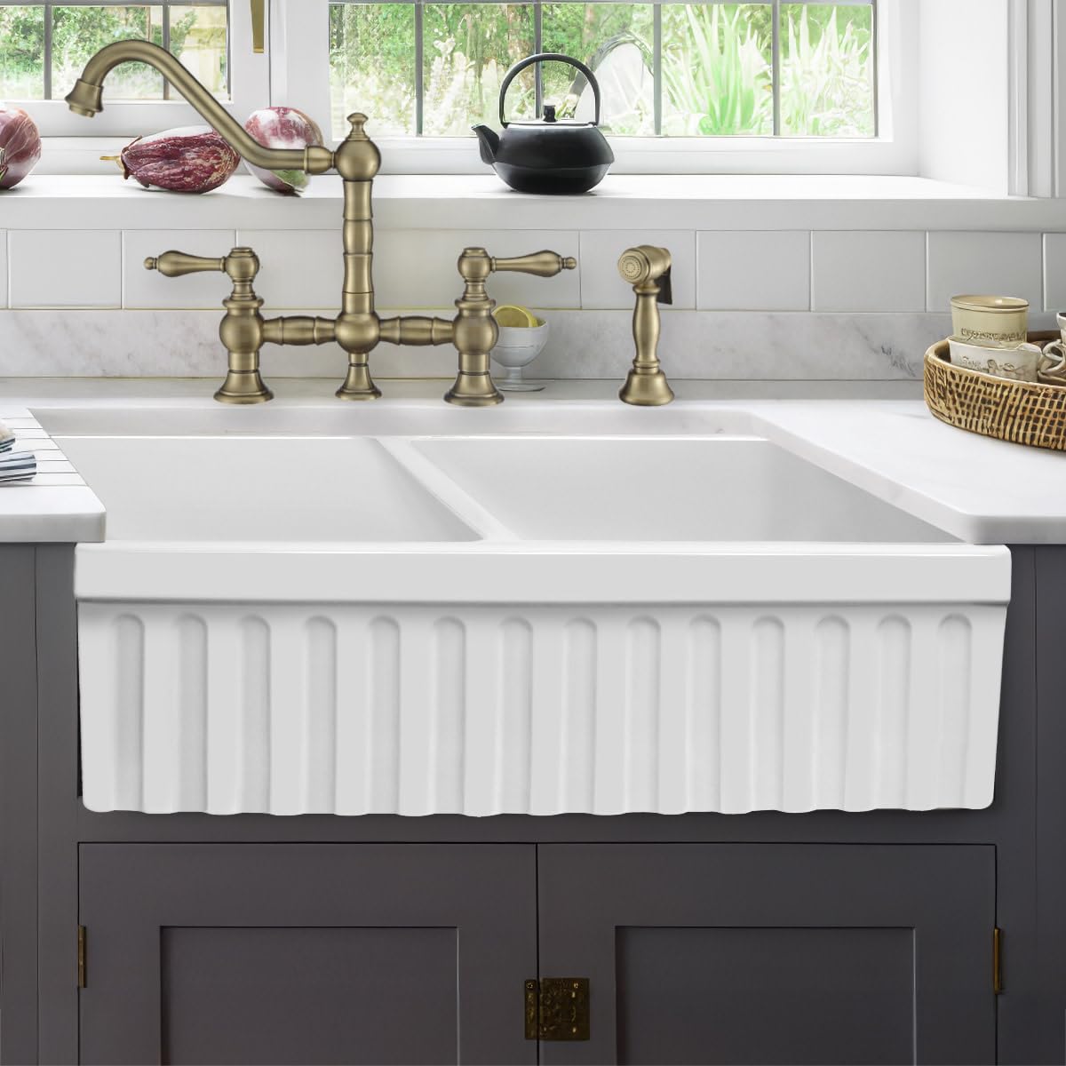 Whitehaus Collection Whqdb332-M-Lightcement Quatro Alcove Kitchen, Fireclay, Front Apron Sink, Matte, Light Cement