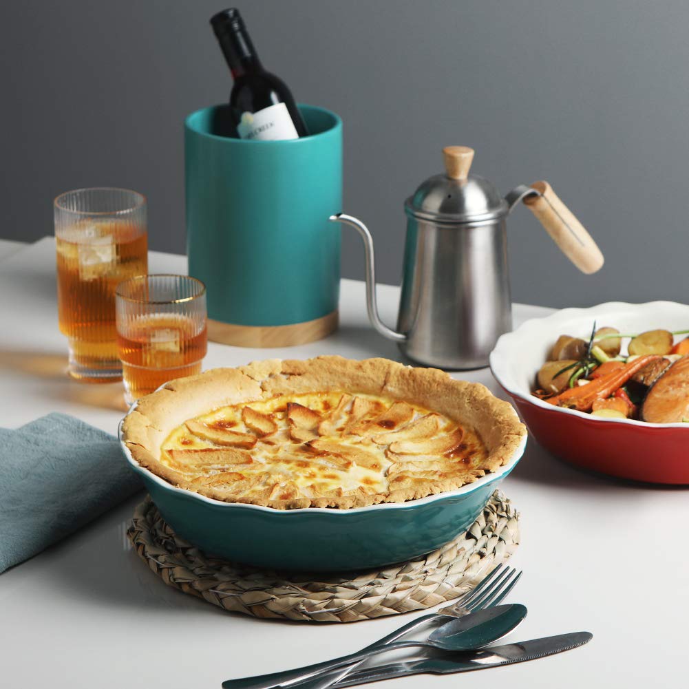 Sweejar Ceramic Pie Pan For Baking, 10 Inches Round Baking Dish For Dinner, Non-Stick Pie Plate With Soft Wave Edge For Apple Pi