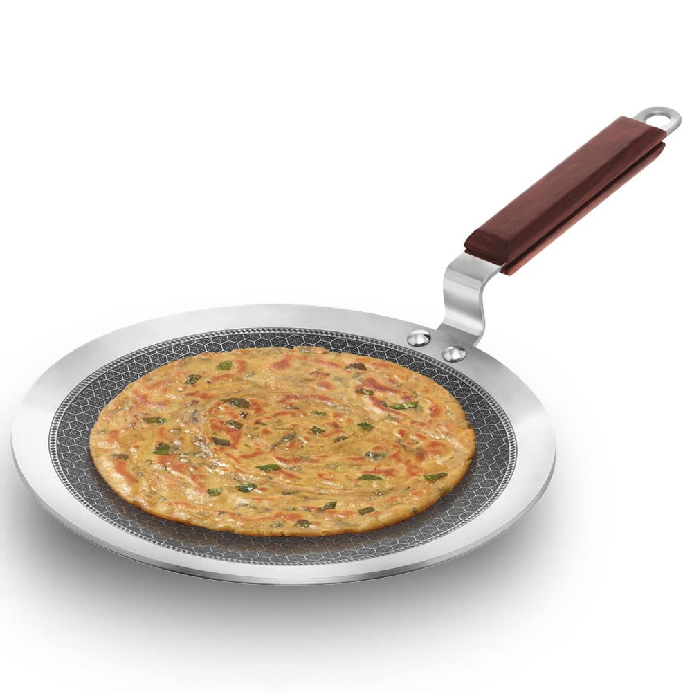 Hawkins 26 cm Paratha Tava, Triply Stainless Steel Shielded Nonstick Tawa with Rosewood Handle, Honeycomb Non Stick Induction Ta