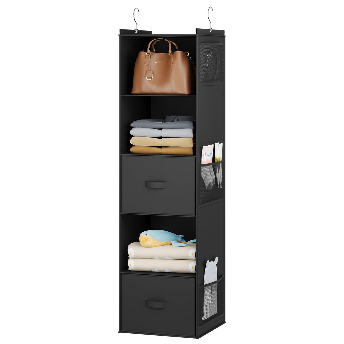 Youdenova Hanging Closet Organizer, 5 Tier Hanging Closet Shelves With Drawers And 6 Side Pockets, Black