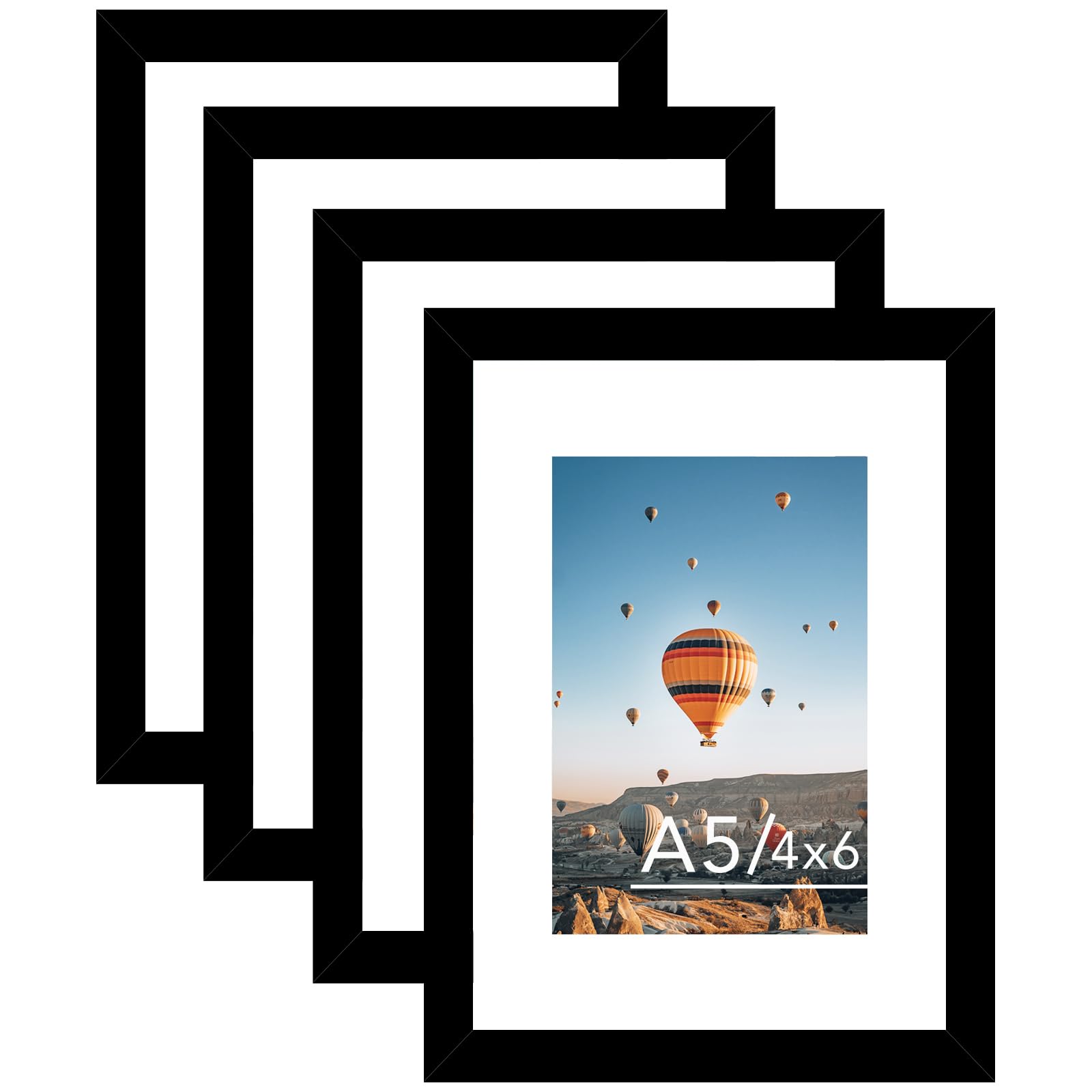JCJMY 5.8x8.3 A5 Picture Frame Set of 4 Black with 4x6 Mat for Wall Hanging or Tabletop, Display Photo 4x6 with Mat or 5.8 x 8.3