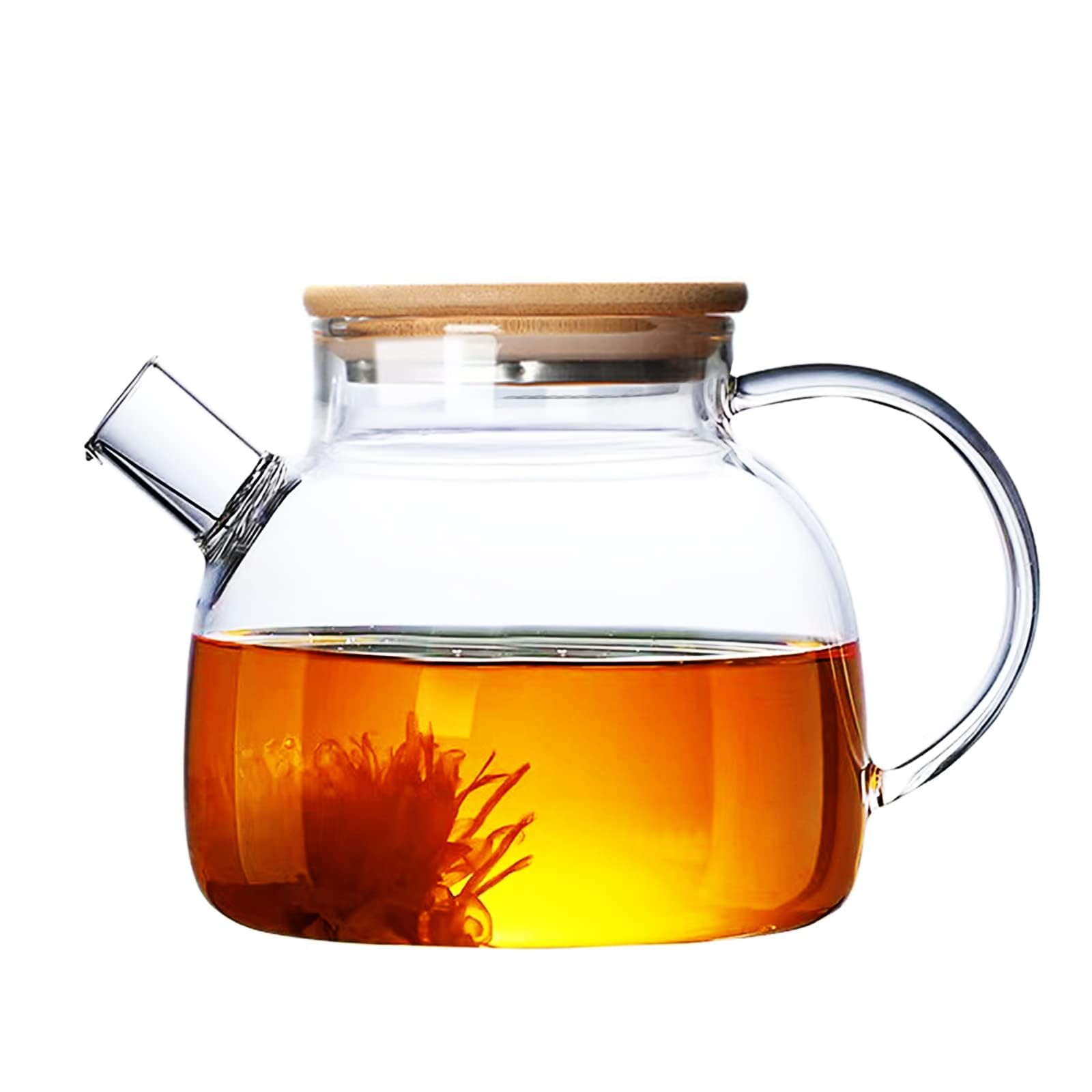 Glass Teapot, Stovetop & Microwave Safe Glass Borosilicate Teapot, Glass Teapot With Strainer, Glass Kettle With Wooden Lid, Loo