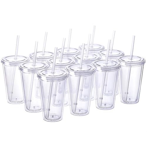 Cupture Classic 12 Insulated Double Wall Tumbler Cup With Lid, Reusable Straw & Hello Name Tags - 16 Oz, Bulk Pack (Clear)