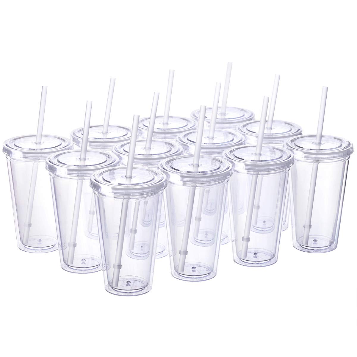 Cupture Classic 12 Insulated Double Wall Tumbler Cup With Lid, Reusable Straw & Hello Name Tags - 16 Oz, Bulk Pack (Clear)