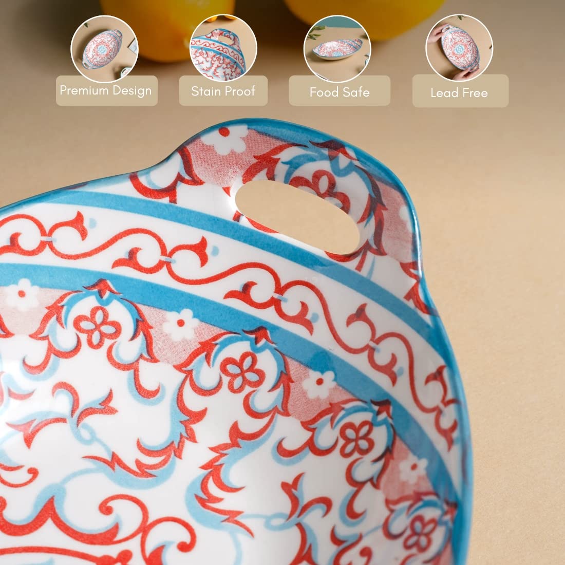 Nestasia Red and Blue Mandala Ceramic Long Dish with Handles for Serving Snacks, Appetizers, Salads, and Noodles| Microwave Safe