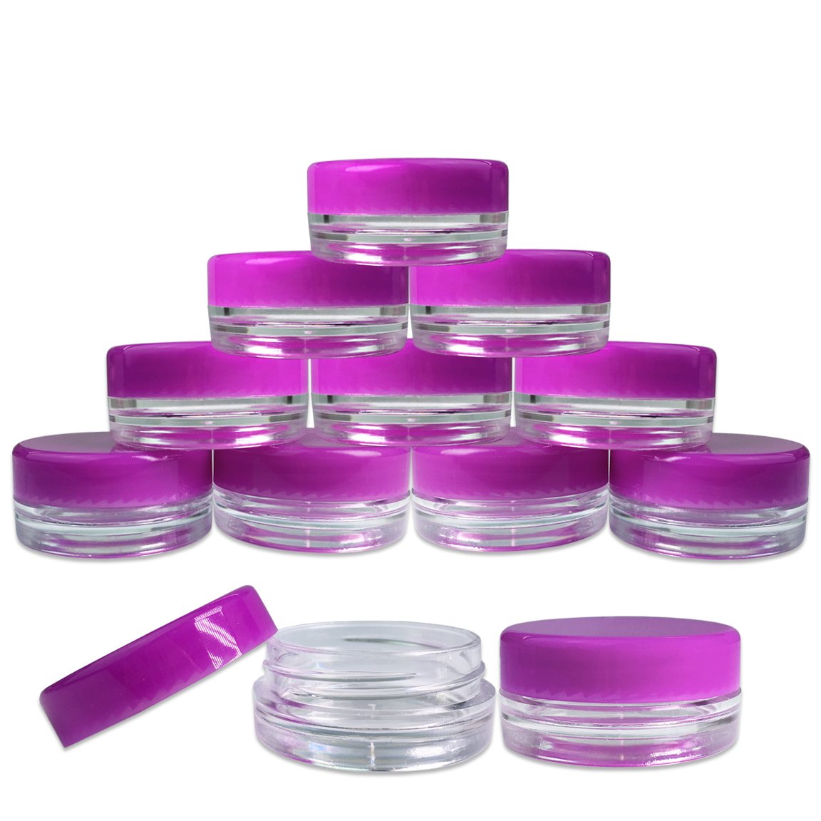 (25 Pieces Jars + Lid) Beauticom 3G/3Ml Round Clear Jars With Purple Screw Cap Lids For Scrubs, Oils, Toner, Salves, Creams, Lot
