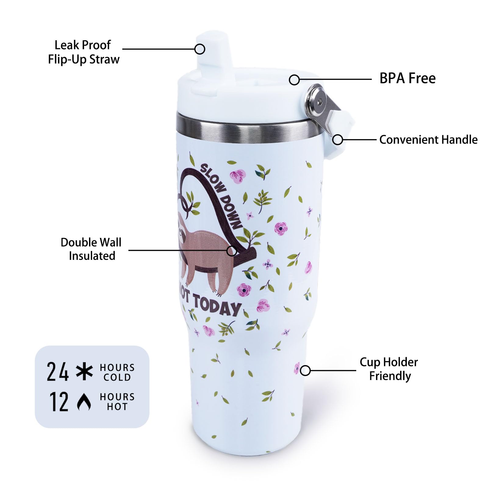 Xuehuapiaopiao Sloth Mug 30 Oz Tumbler With Handle Flip Straw Leak Proof - Sloth 30Oz Tumbler Travel Coffee Mug With Handle - Bi