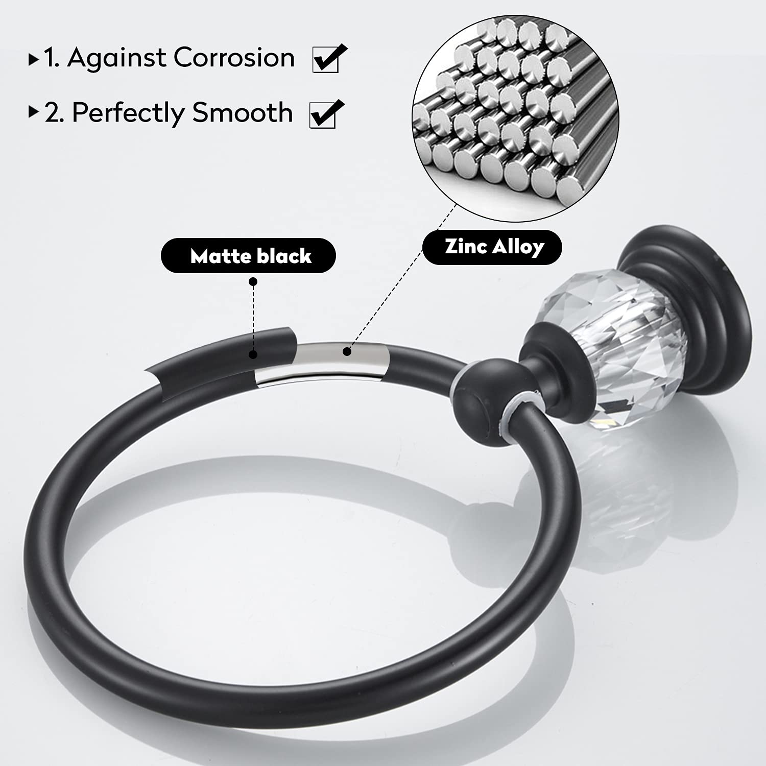 WINCASE Crystal Towel Ring  Black Hand Towel Holder  Bathroom Round Towel Hanger Racks Wall Mount Matte Black