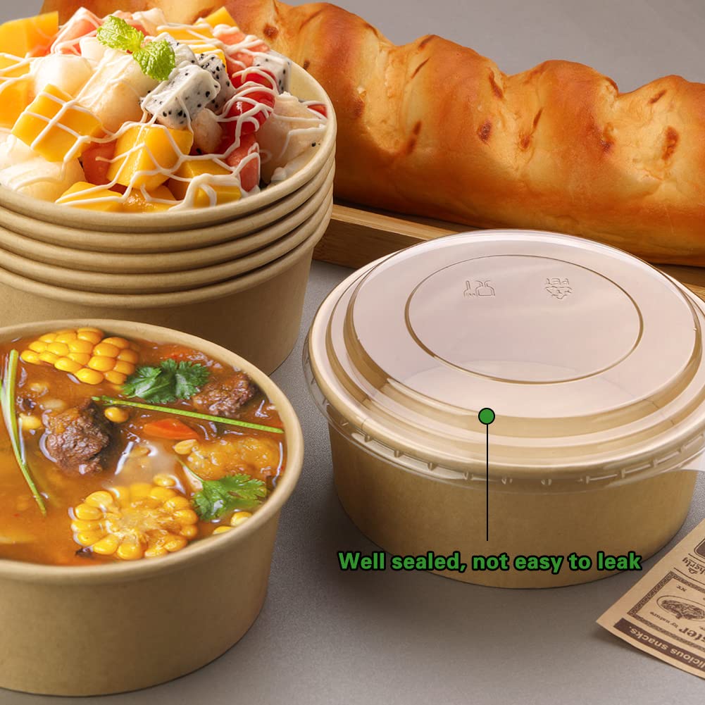 Giwrmu Paper Salad Bowls With Clear Lids, 750 Ml Disposable Round Shape Kraft Food Containers Suit For Bbq, Gatherings And Parti