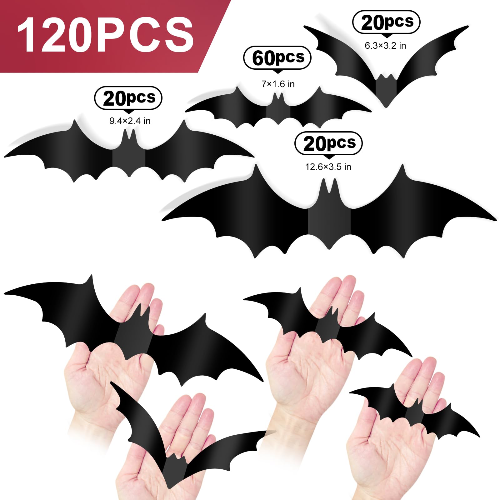 Halloween Decorations Bats Wall Stickers,120 Pcs Reusable 3D Black Halloween Bats Scary Stickers With Double-Sided Tape For Hall