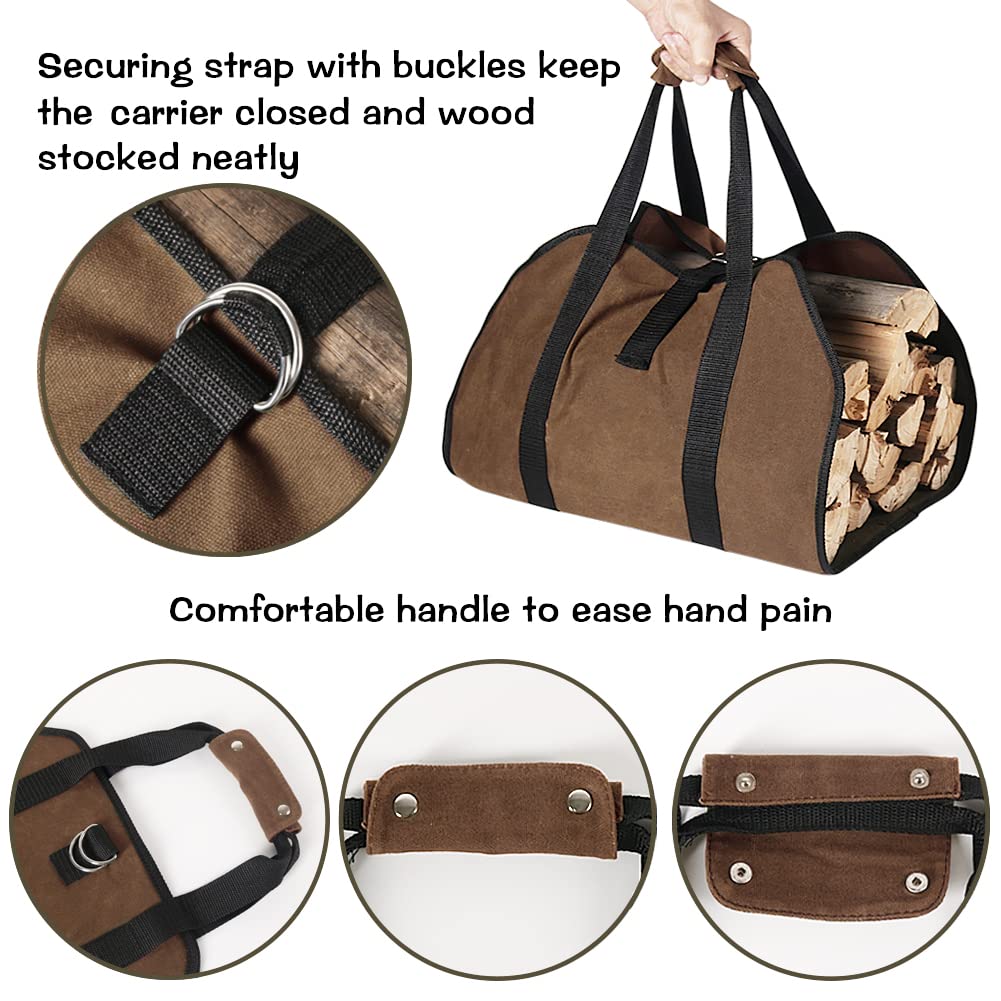 Hrx Package Waxed Canvas Firewood Bag Carrier, Water Resistant Wood Carrying Bag With Handles Log Tote For Kitchen Camping Trip