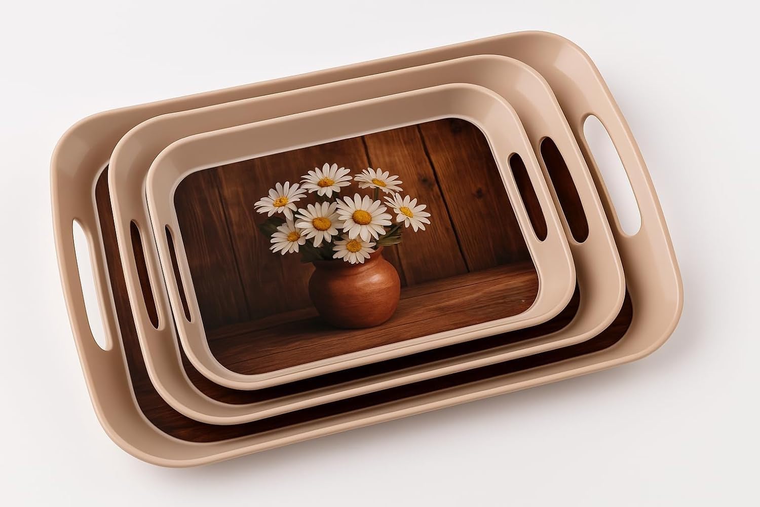 Antimero Floral Printed Serving Tray Set Of 3  Lightweight Plastic Dish With Handles For Dining Table, Elegant Kitchen Serving 