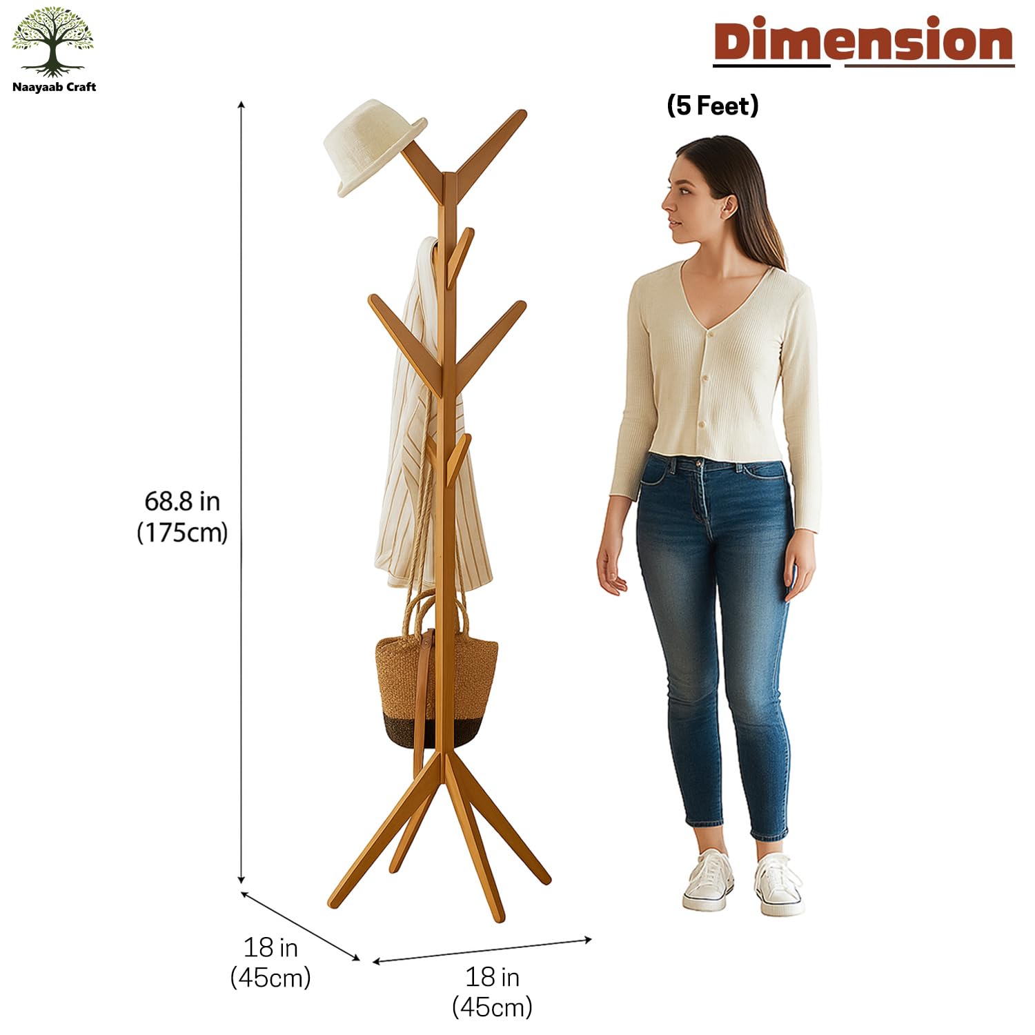 Naayaab Craft Coat Racks Coat Stand Free Standing With 8 Hooks Organize Hats Scarves, Clothes, Handbags For Entry Hallway Bedroo