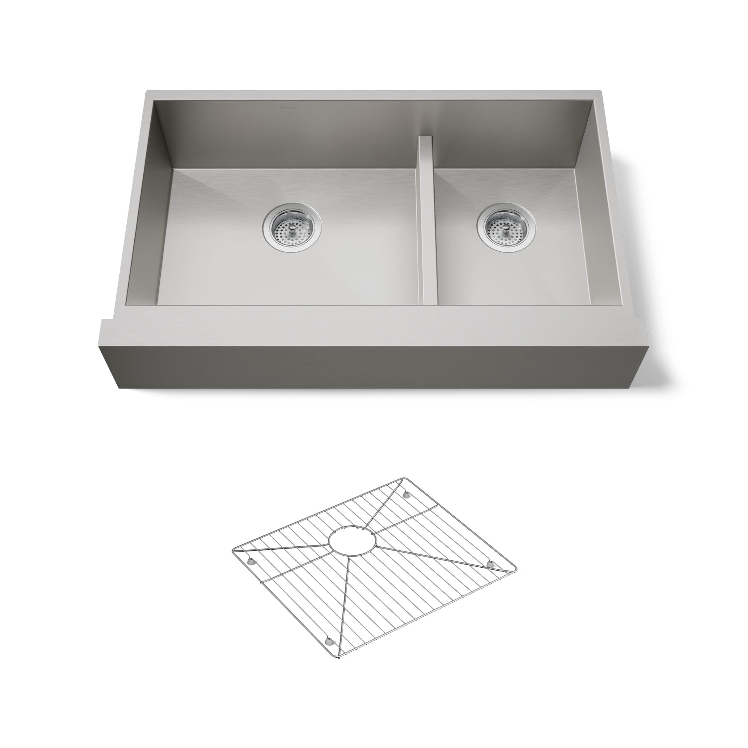 KOHLER Vault Double Bowl 18-Gauge Stainless Steel Farmhouse Apron Front Kitchen Sink, Undermount Installation K-3945-NA