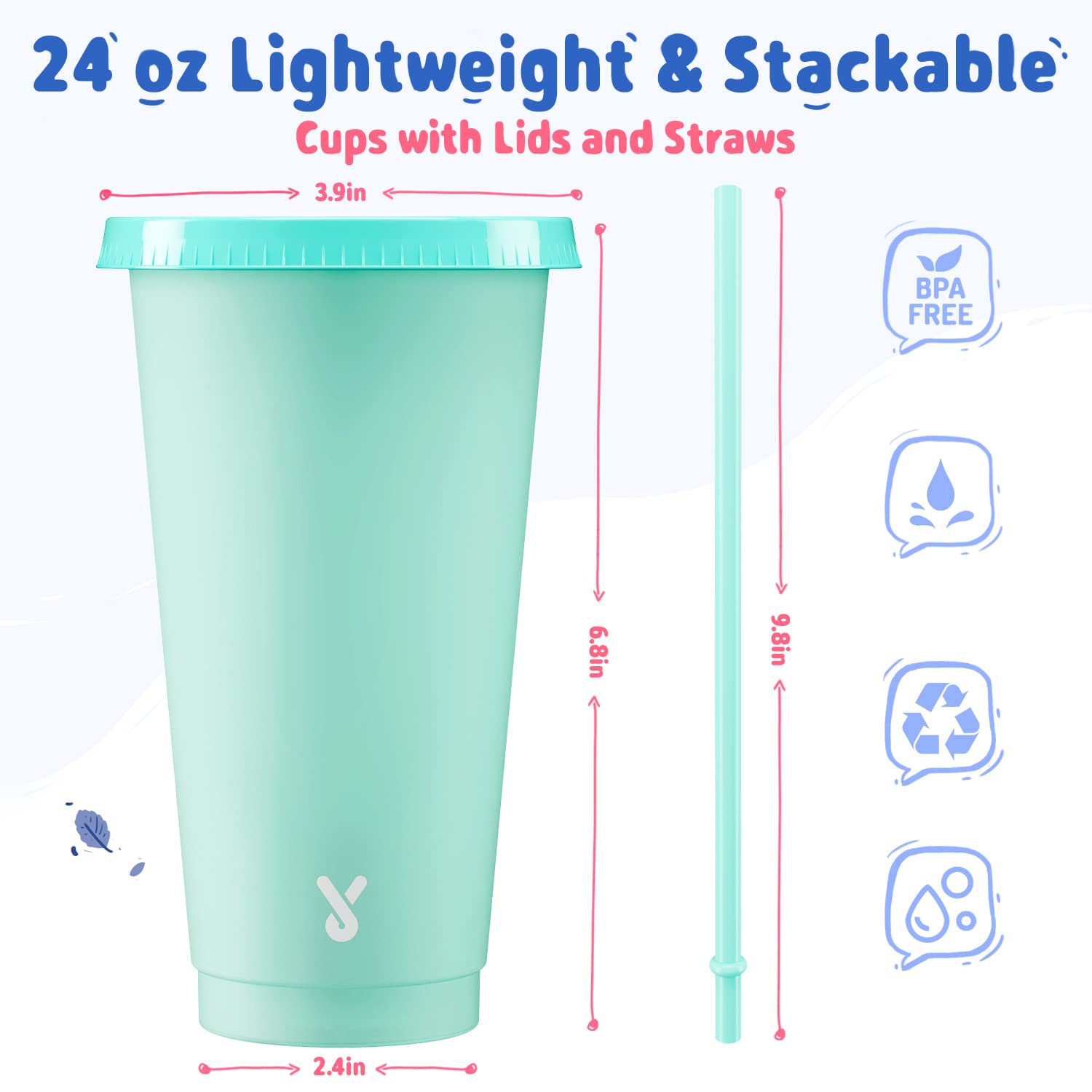 Meoky Plastic Cute Cold Cups With Lids And Straws Bulk For Iced Coffee - 6 Pack 24 Oz Color Changing Reusable For Adults Kid Wom