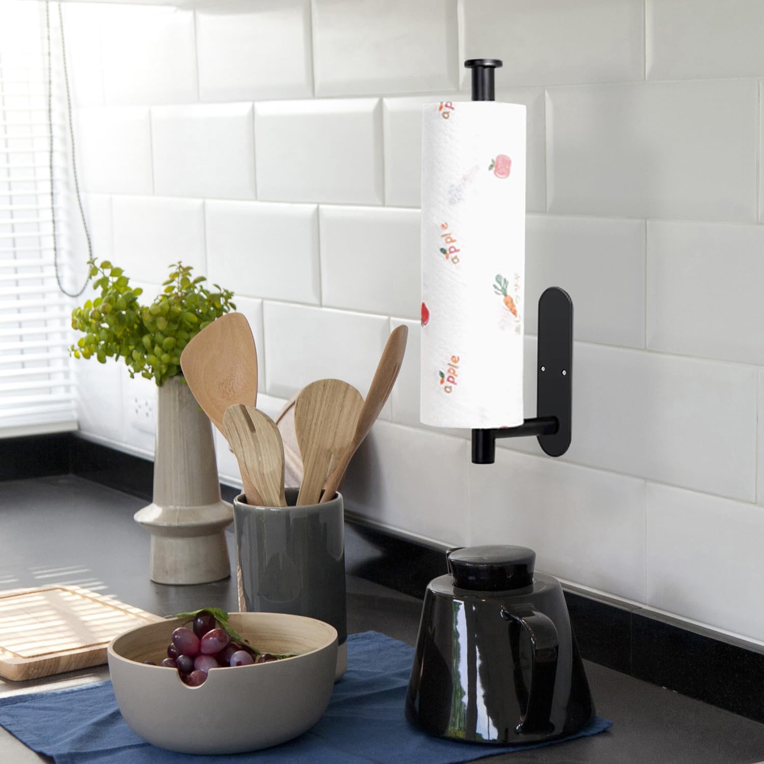 Under Cabinet Paper Towel Holder - Self Adhesive Paper Towel Roll Holder Wall Mount, Matte Black Stainless Steel Towel Paper Hol