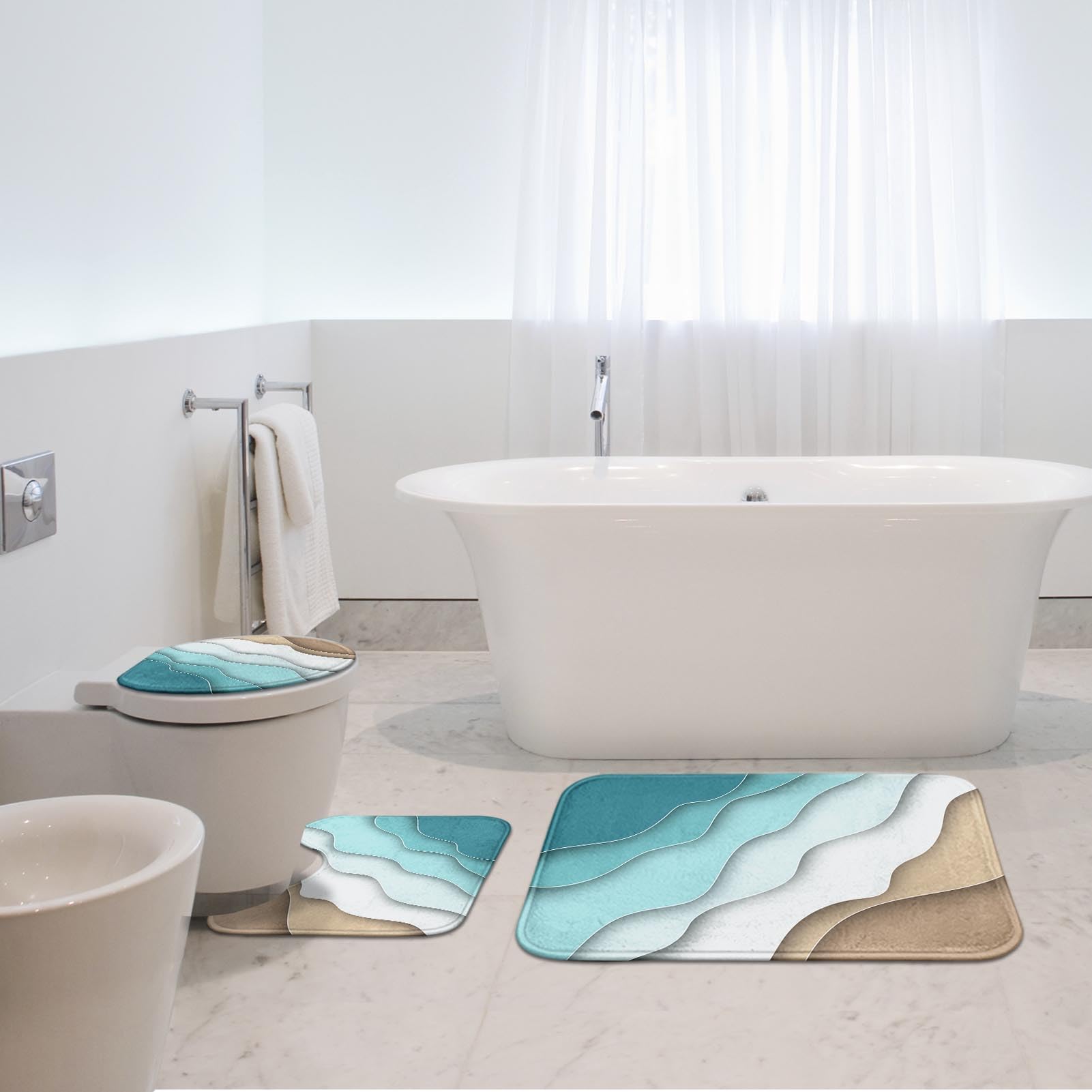 Britimes Bathroom Rug Set Of 3, 3 Pieces Bath Mats Set For Bathroom, Abstract Blue Beach No Silp Washable Cover Floor Rug Decora