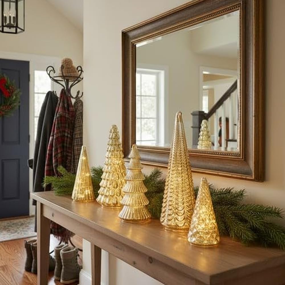 Illuminated Mercury Glass Christmas Trees,Set of 5 Upgrade Mercury Glass Christmas Trees with LED,BFF Collection Christmas Decor