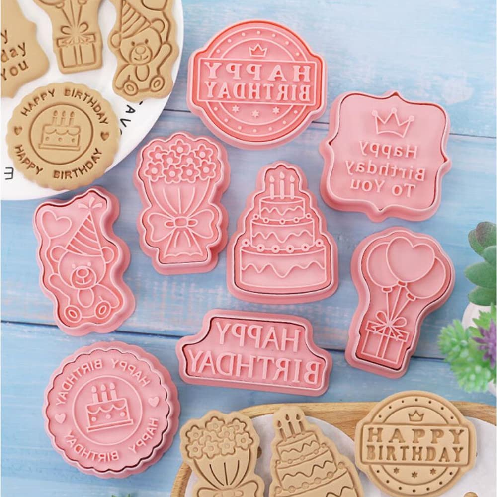 Happy Birthday Cookie Cutters,3D Birthday Cookie Press Cookie Moulds For Baking, Cookie Mould Press Birthday Cookie Mould Set Ki