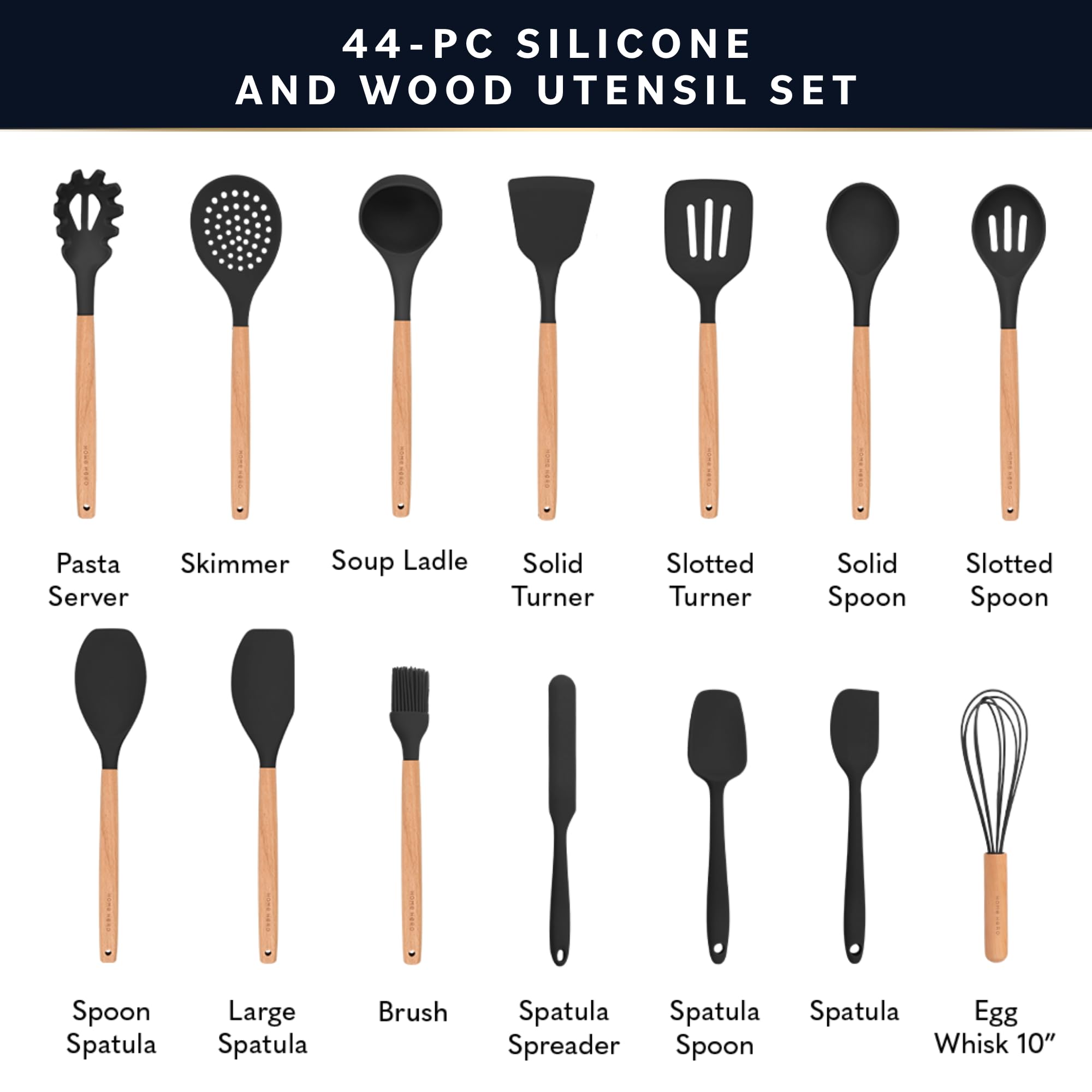 Home Hero 44 Pcs Silicone Kitchen Utensils Set, Non-Stick Silicone Cooking Utensils Set With Spatula, Wooden Handle Spatula, Sil