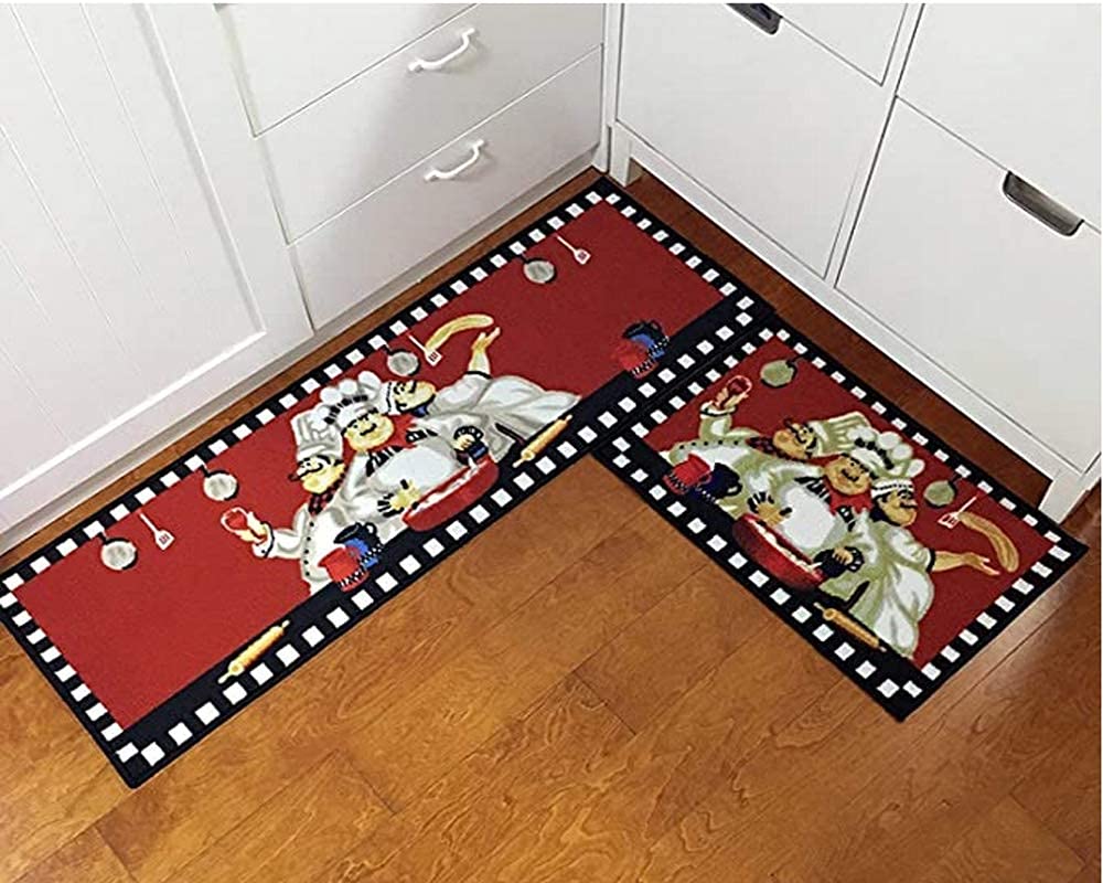 EUCH 2 Piece Kitchen Mat Rubber Backing Carpet Doormat Runner Bathroom Rug Set 17''x47''+17''x23'' (Big Three Chef)