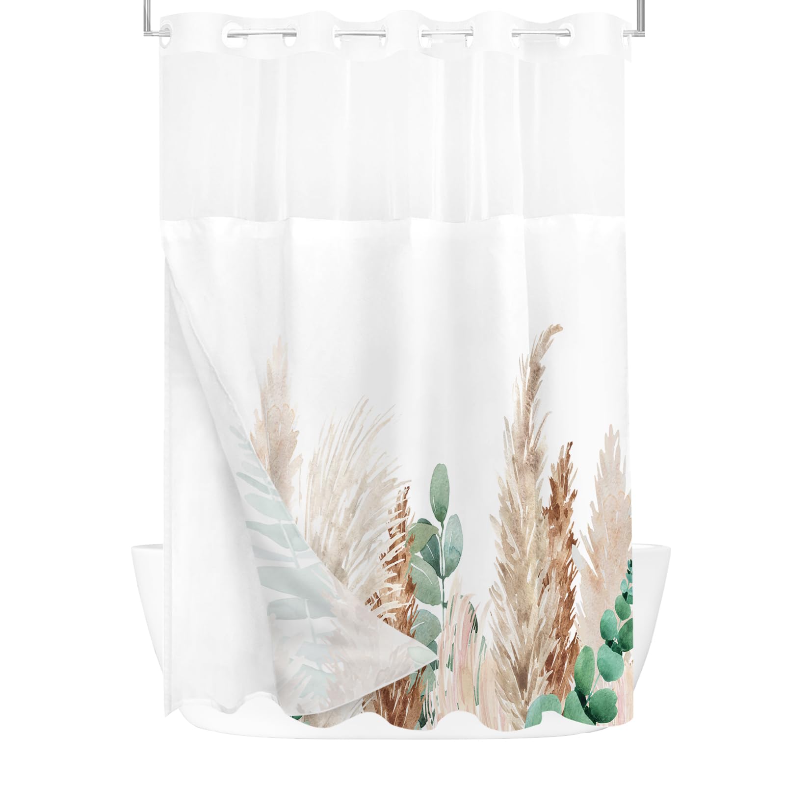 Tititex No Hooks Snap In Liner Dried Brown Pampas Grass Boho Leaves Shower Curtain Sets, Hotel Luxury Double Layers Waterproof F