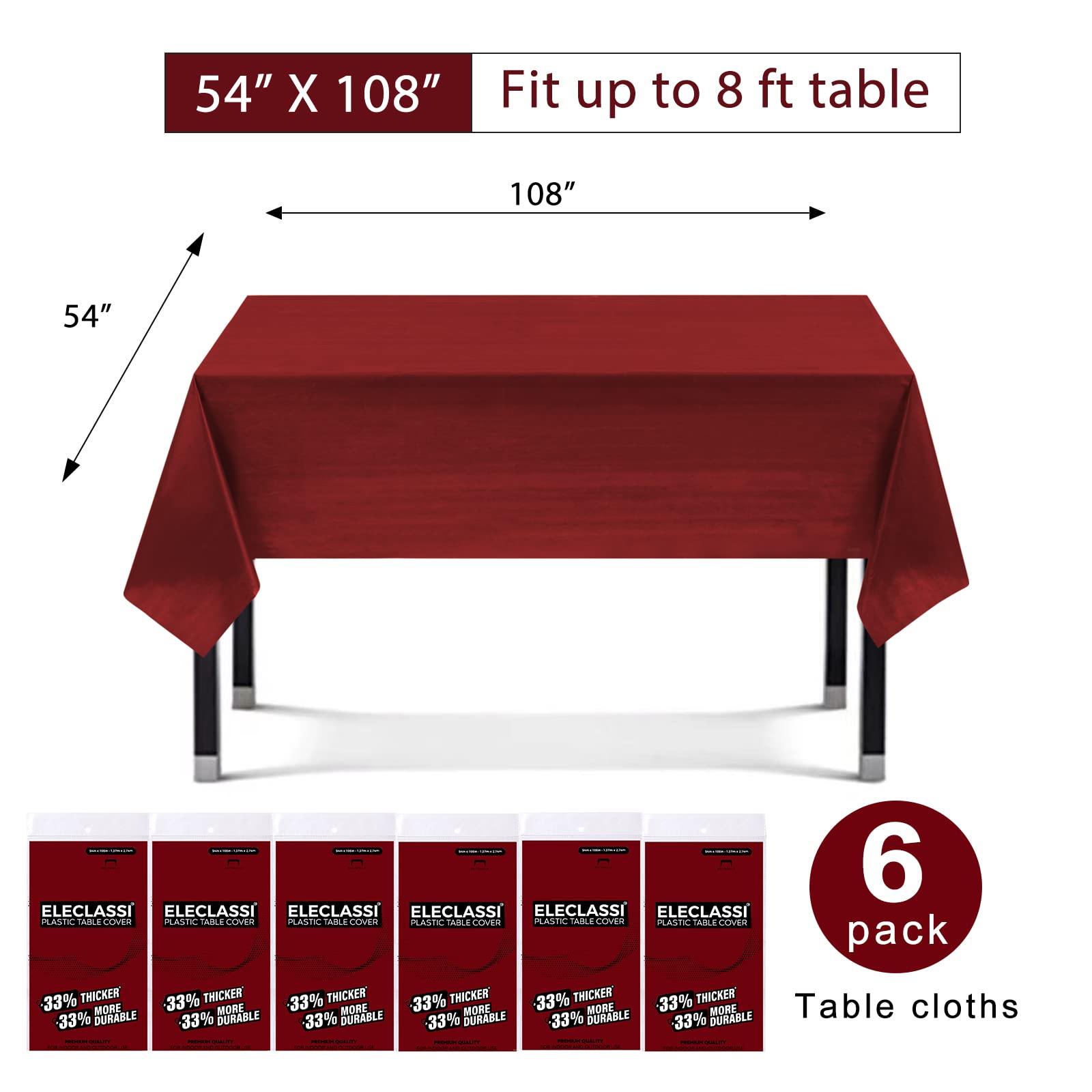 Burgundy 6 Pack Premium Disposable Plastic Tablecloth 54 X 108 In - Plastic Table Cloths For Parties Disposable Tablecloth For R