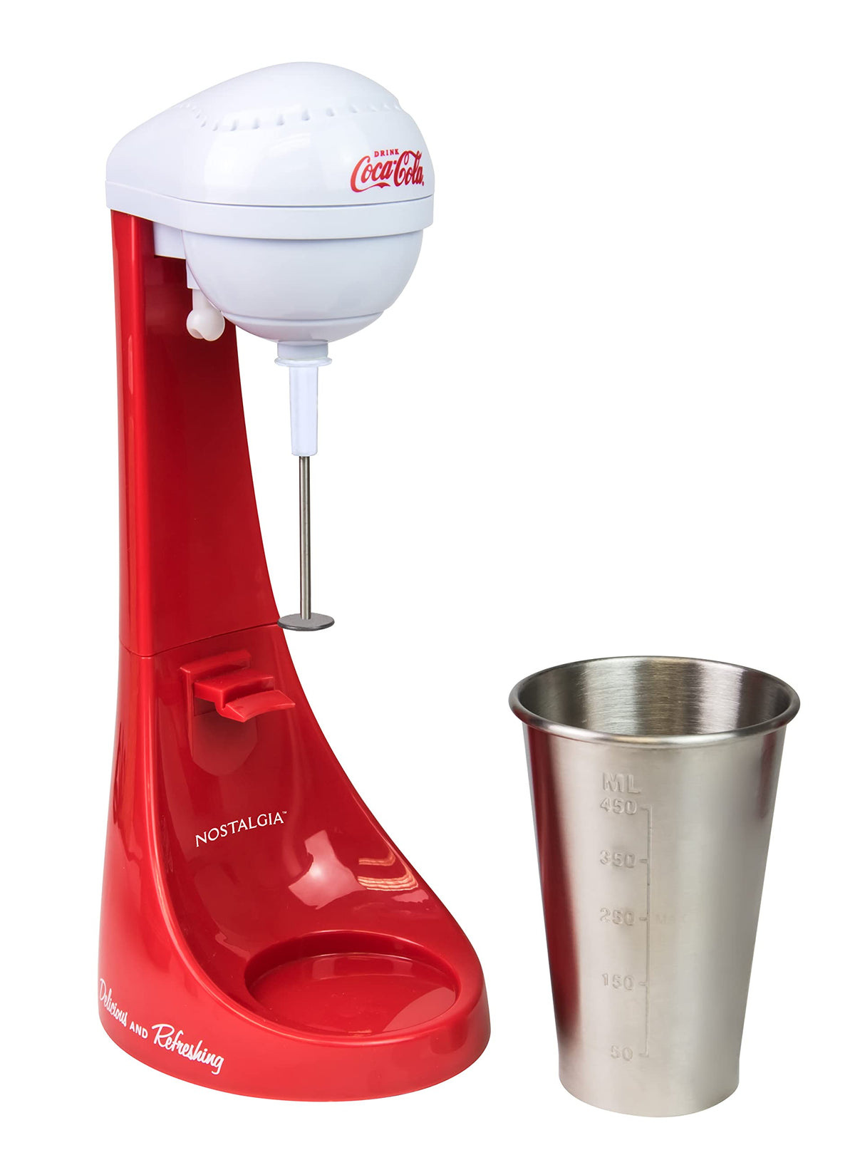 Nostalgia Two-Speed Electric Coca-Cola Limited Edition Milkshake Maker And Drink Mixer, Includes 16-Ounce Stainless Steel Mixing