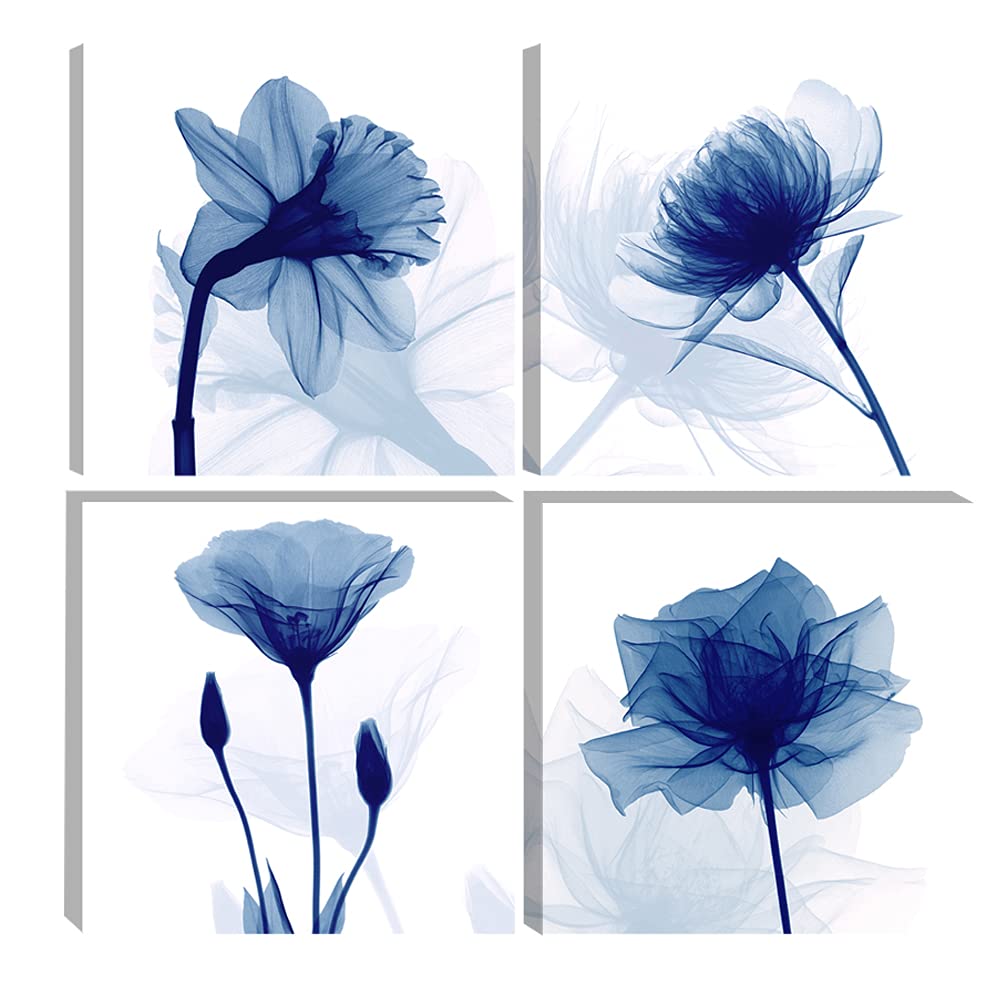 Pyradecor Large Blue Flickering Flower Modern Abstract Paintings Canvas Wall Art Gallery Wrapped Grace Floral Pictures On Canvas