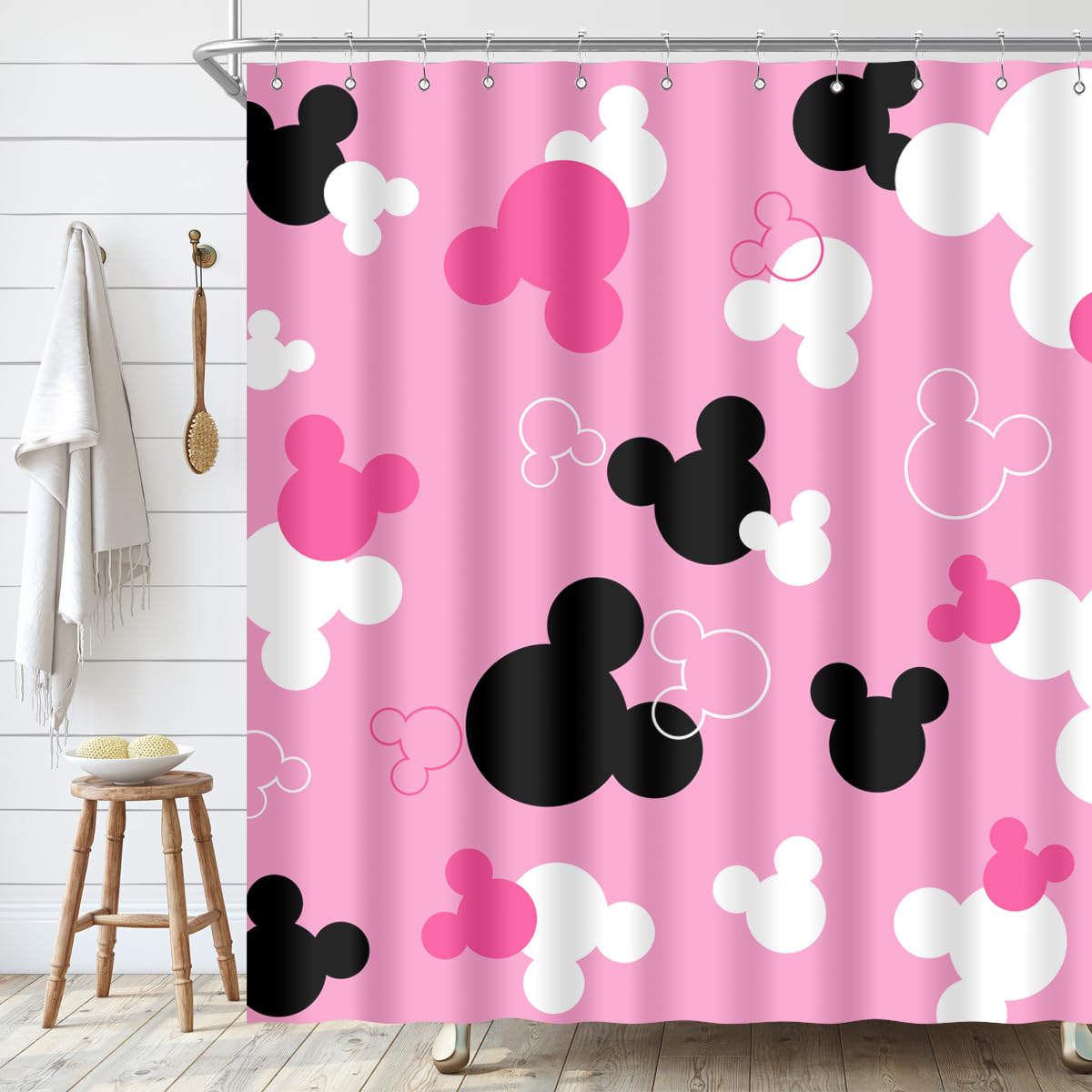 Biysuc Pink Mouse Head Shower Curtain Black And White Children Cartoons Kids Bath Curtain Cute Animal Grey Bathroom Home Decor W