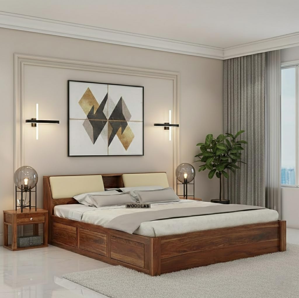 Woodlab Furniture Solid Sheesham Wood Mayor King Size Bed With Box And Headboard Storage For Home Bedroom Wooden Double Beds Fur
