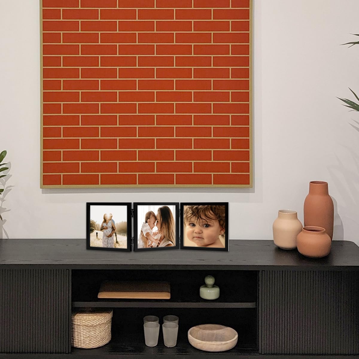 3 Picture Frame 5x5 Black Triple Hinged MDF Wood with Glass Front Three Opening Photo Frame Stand Vertical on Tabletop