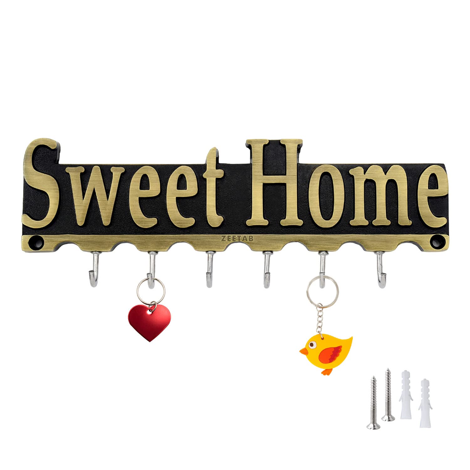 Zeetab Sweet Home Key Holder | Steel Metal Key Stand with 6 Hook Wall Mount | Home Decor Gift (Antique)