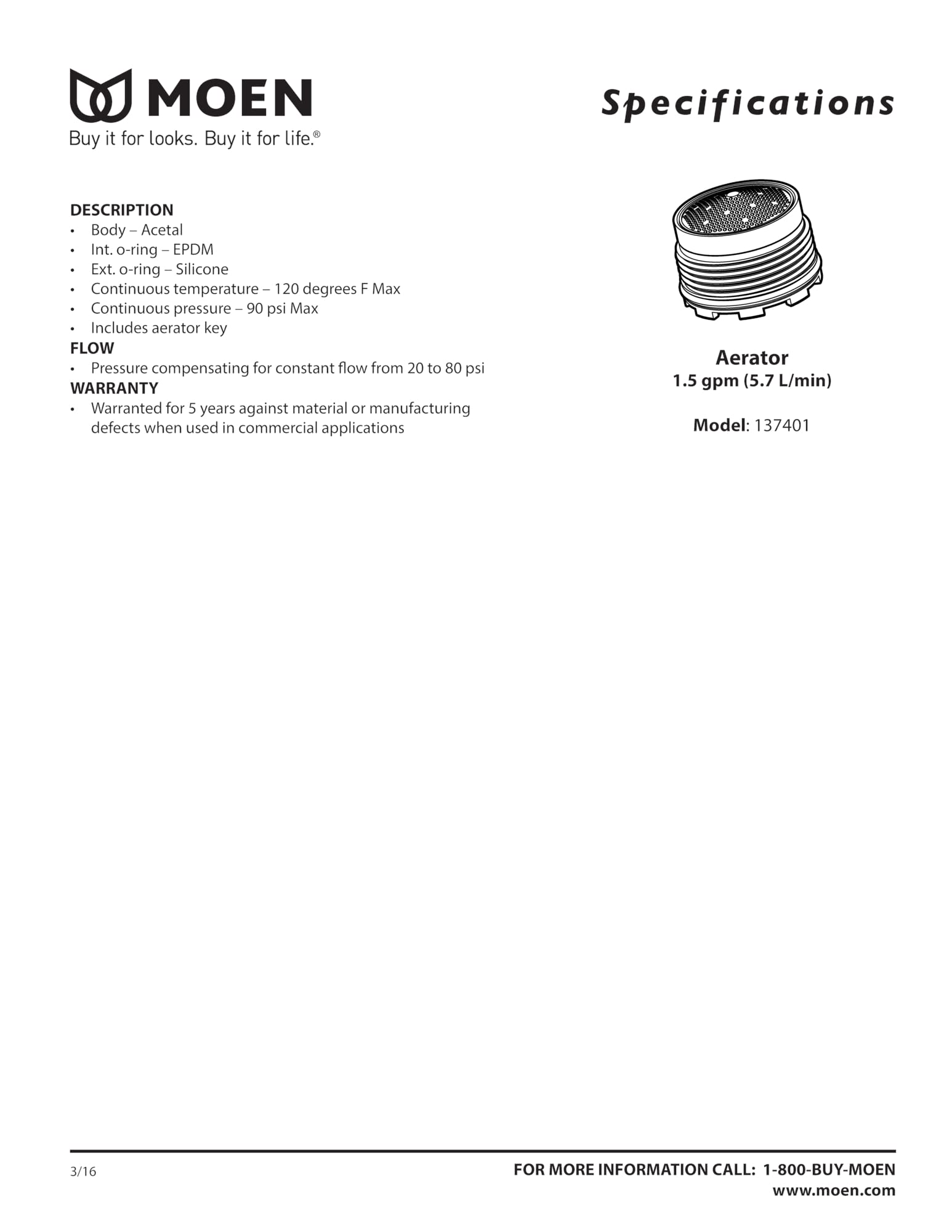 Moen 137401 Eco-Performance Aerator Flow Restrictor Kit, 1.5 GPM, Metal, Multi Color, Compatible with Rothbury and Voss