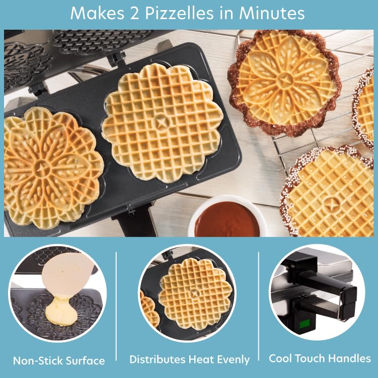 Pizzelle Maker- Non-Stick Electric Pizzelle Baker Press Makes Two 5-Inch Cookies At Once- Recipes Included
