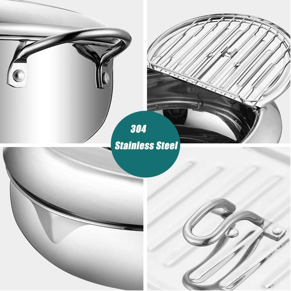 DIY HOME Stainless Steel Deep Fryer Pot with Thermometer, Lid & Drip Rack, 24cm/9.4inch, Silver for Tempura, Fries & Wings