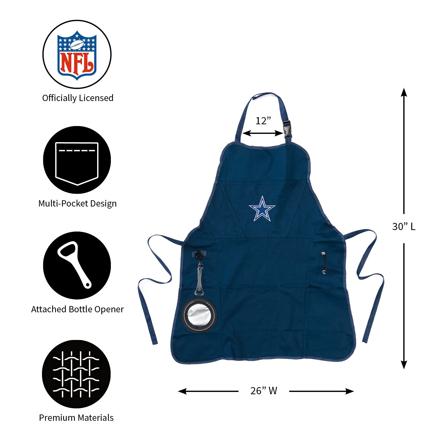 Team Sports America NFL Dallas Cowboys Ultimate Grilling Apron  Bottle Opener and Insulated Beverage Holder  Heavy Duty Durable Cotton Canvas 300 GSM  Machine Washable  Adjustable Straps