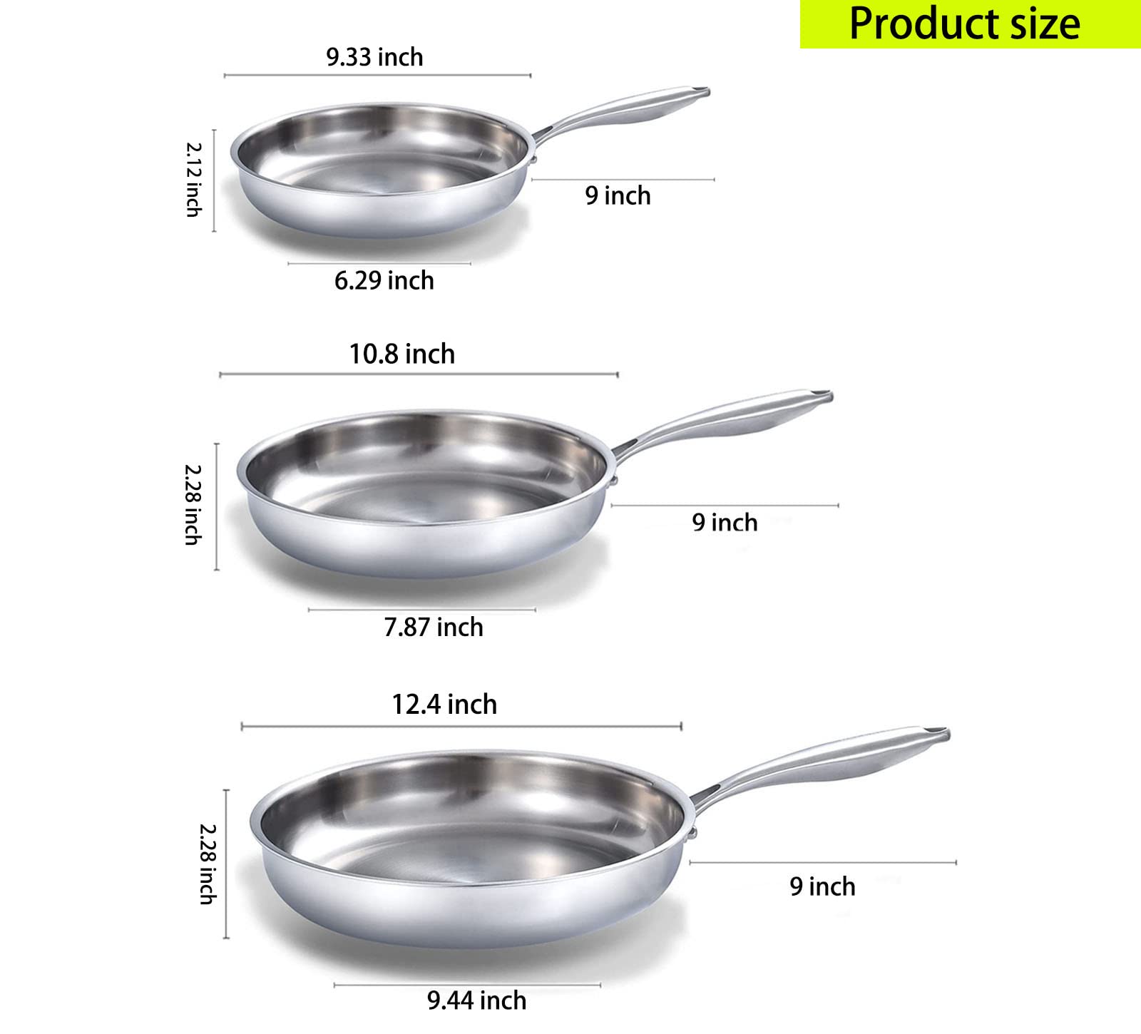Delarlo Whole Body Tri-Ply Stainless Steel Frying Pan Set, 8   /10   /12    Cooking Pans, Kitchen Cookware Set, Fast Heating Che