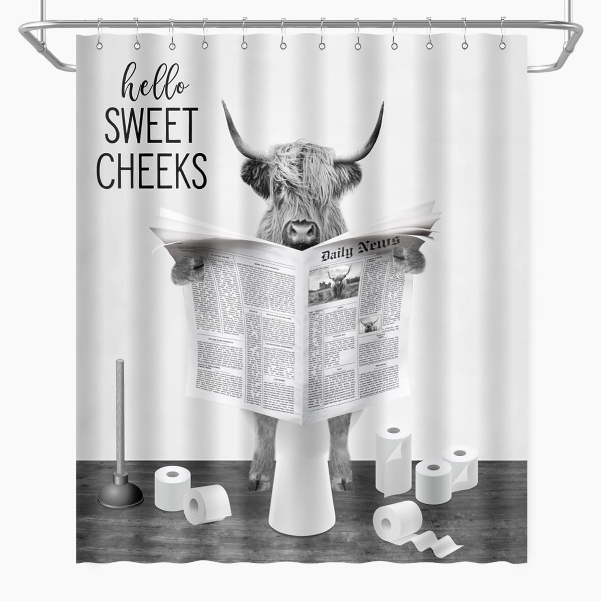 Biysuc Highland Cow Reading Newspaper Shower Curtain Funny Black And White Cattle On Toilet Humor Animals Rustic Farmhouse Style