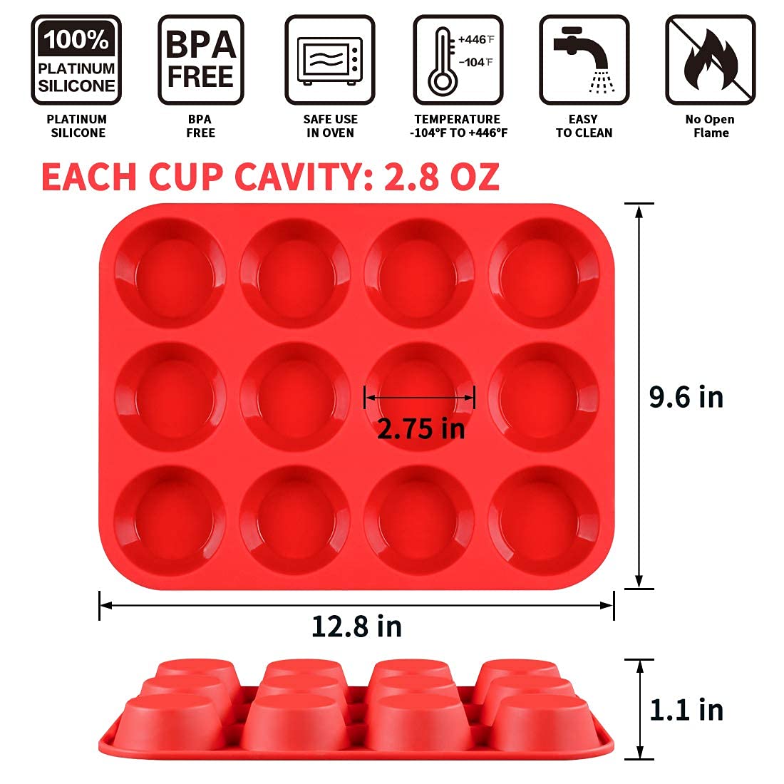Caketime 12 Cups Silicone Muffin Pan - Nonstick Cupcake Pan 1 Pack Regular Size Silicone Mold For Baking