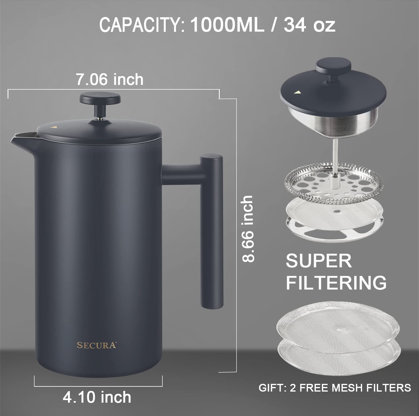 Secura French Press Coffee Maker, 34oz Stainless Steel Insulated, Grey, Model SFP-34DP-GD, Includes 2 Extra Screens