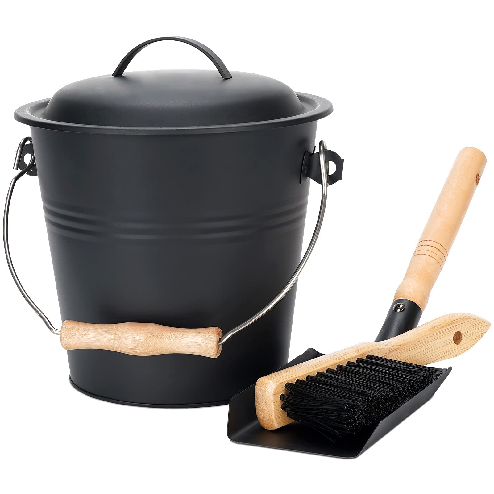 1.5-Gallon Metal Ash Bucket With Lid, Shovel, Broom - For Fireplaces, Wood Stoves