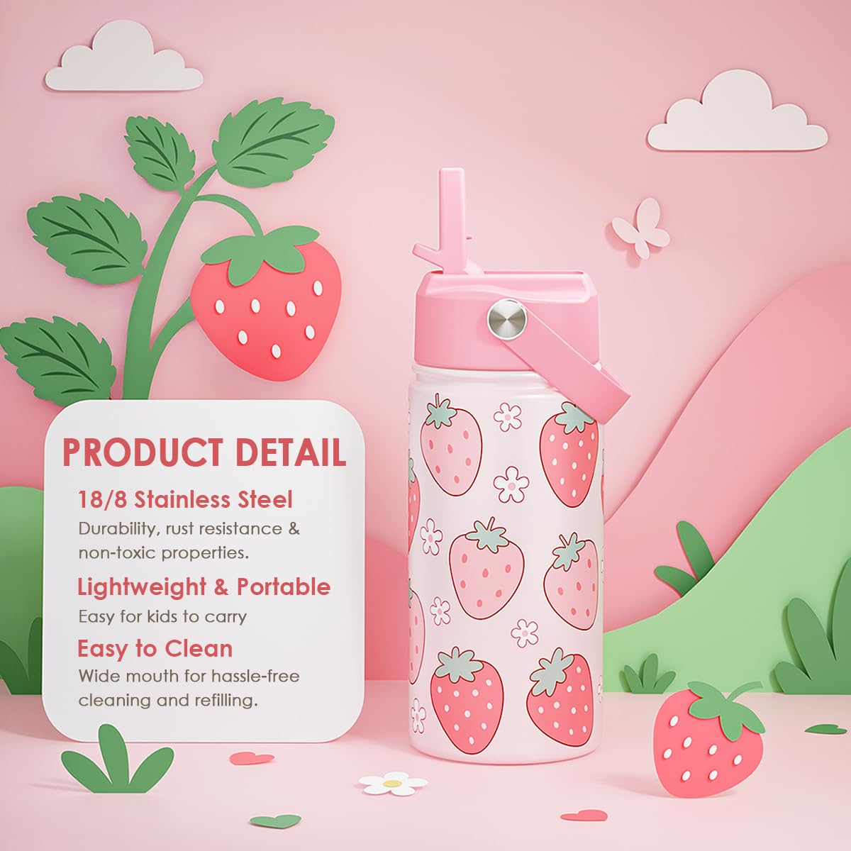 Strawberry Kids Water Bottle with Straw Lid 12oz Insulated Stainless Steel, Travel Tumbler, Gifts for Girls, Birthday, Christmas
