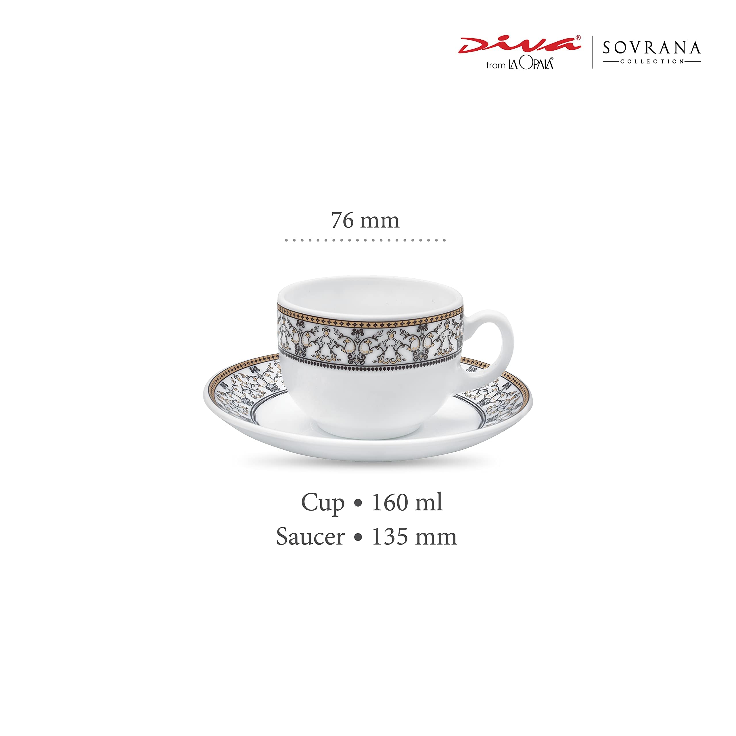 La Opala Diva, Sovrana Collection Opal Glass Crockery | Cup & Saucer, Set Of 12 | Moroccan Gold, 160 Ml | For Tea & Coffee | Mic