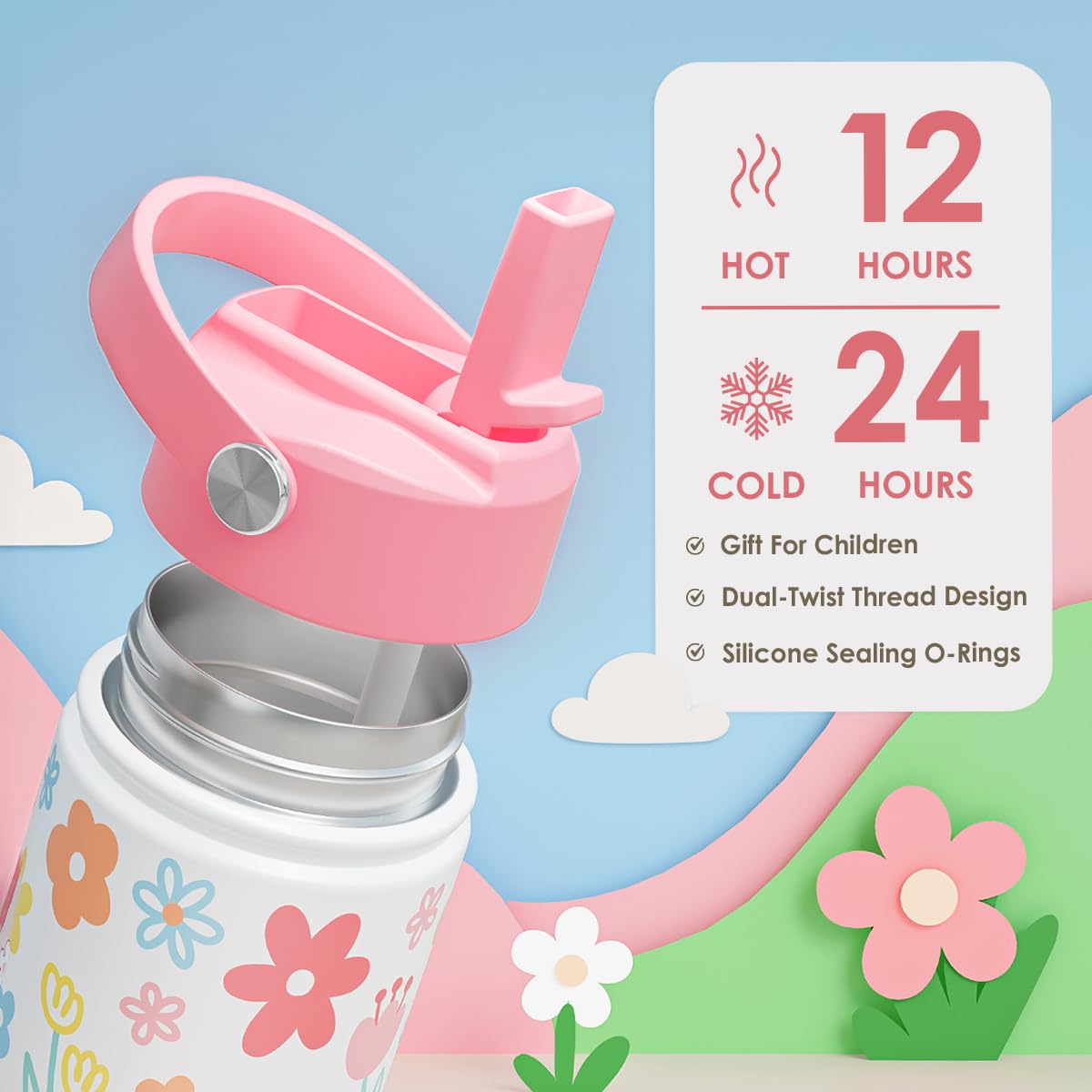 Kids Water Bottle Stainless Steel with Straw Lid, Floral Water Bottle 12oz, Travel Tumbler, Gifts for Girls, Birthday, Christmas