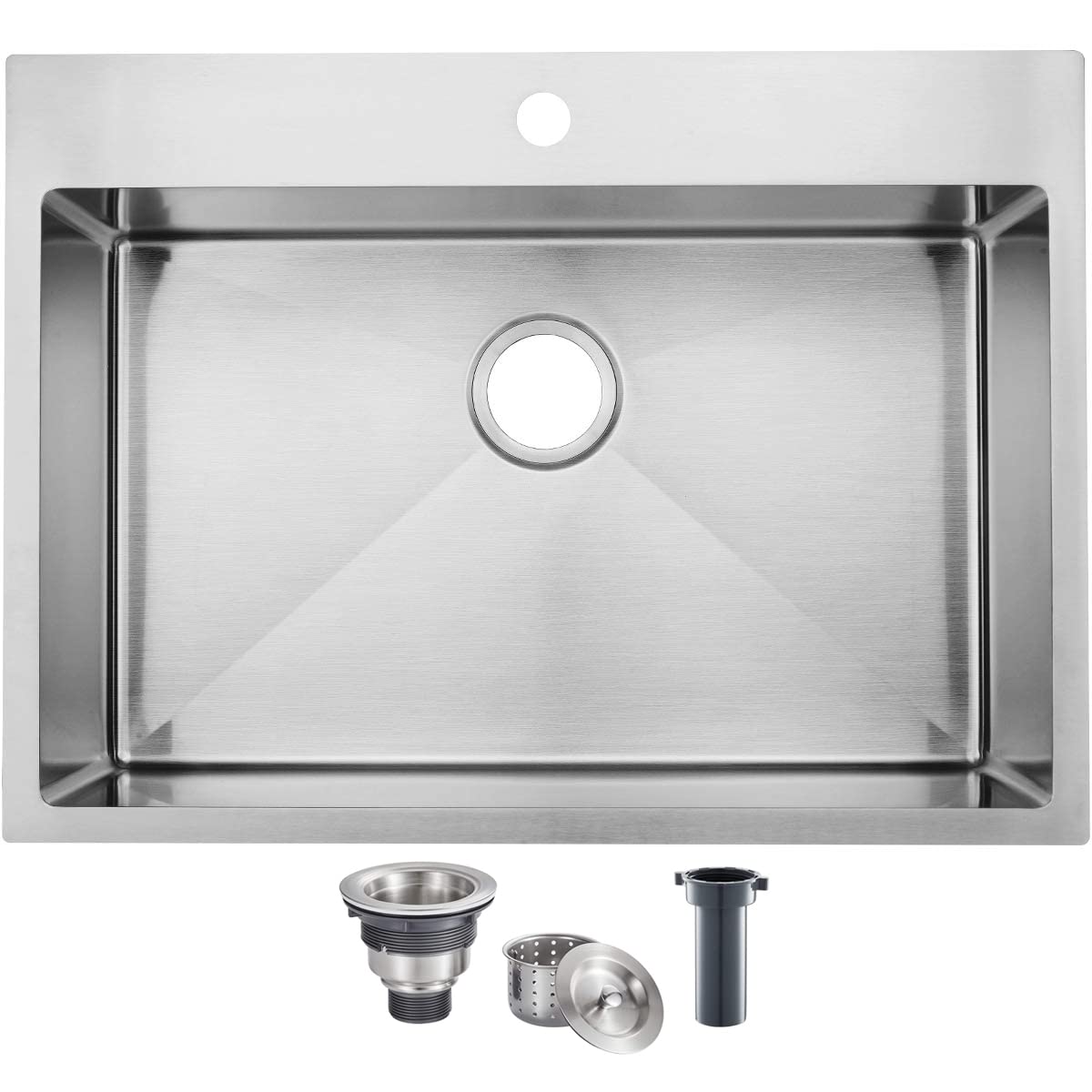 Shaco Commercial 28 Inch 16 Gauge Top Mount Drop-In Single Bowl Basin Handmade T304 Brushed Nickel Kitchen Sink, Stainless Steel