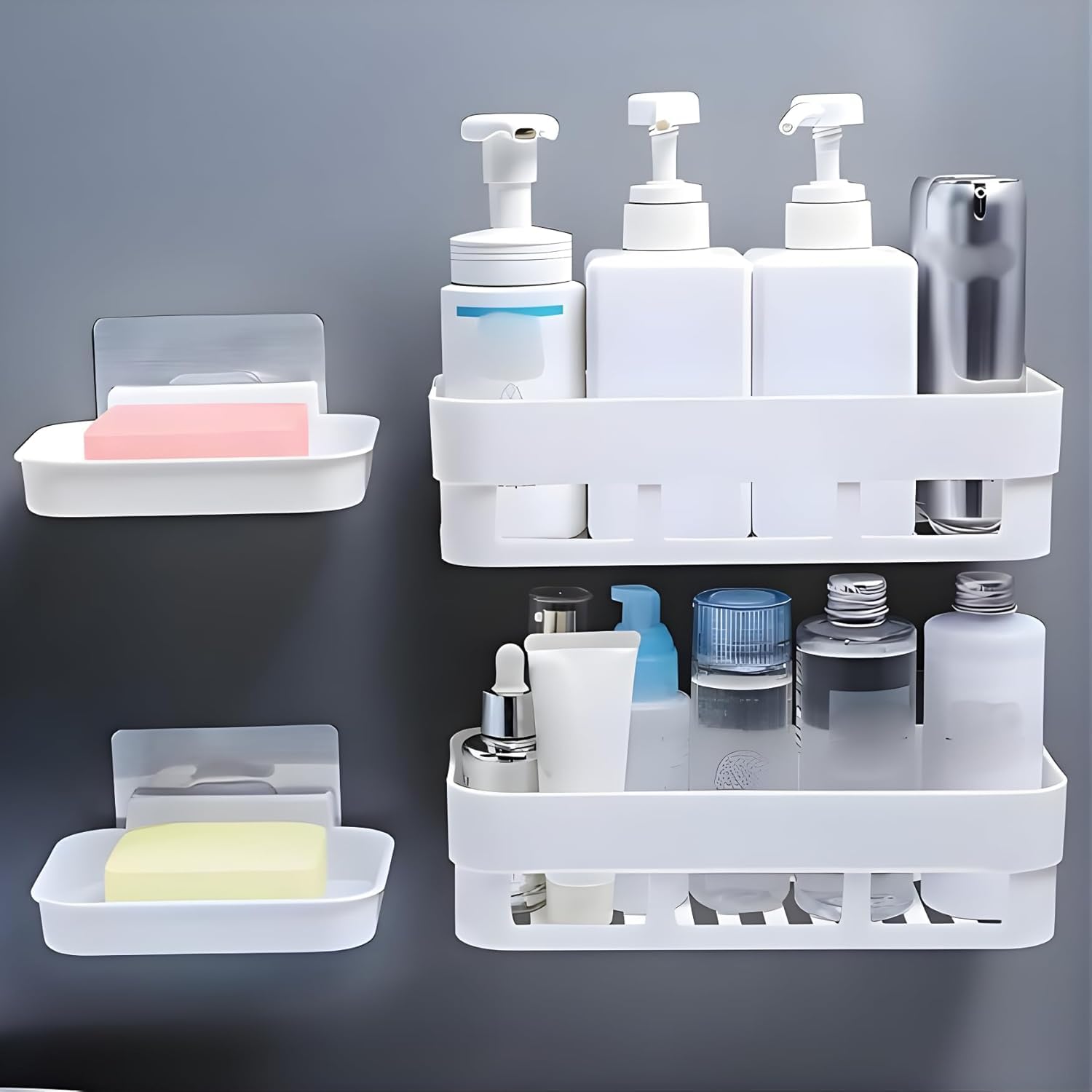 Celvee Bathroom Shelf Without Drill, Adhesive Wall Organiser, Waterproof, RustFree, 2 Shelves And 2 Soap Dish, For Kitchen And 