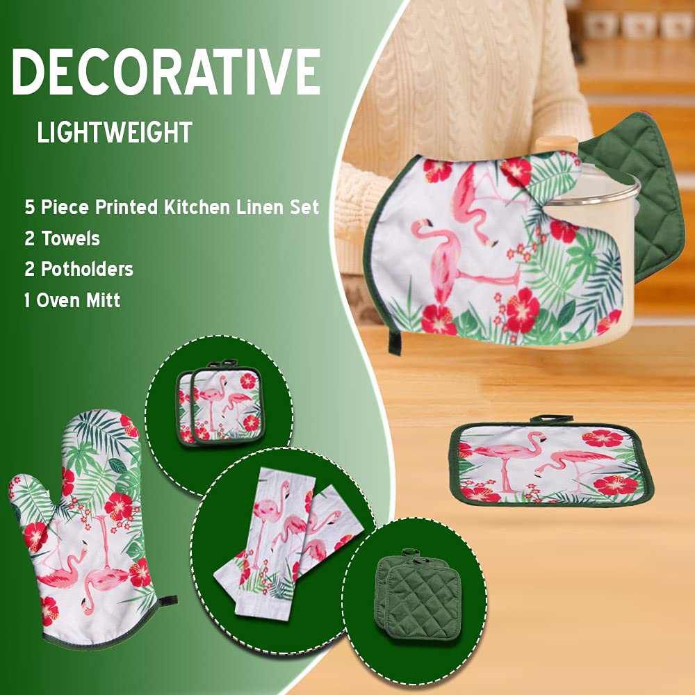 Lobyn Value Packs - 5 Piece Tropical Kitchen Towel Set: Features Flock Of Pink Flamingos, 2 Decorative Dish Towels, 1 Oven Mitt,