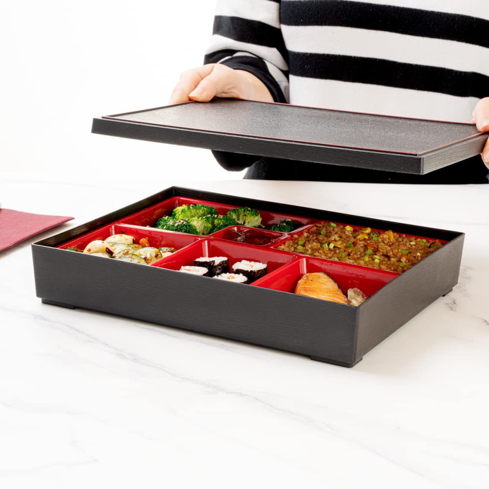 Restaurantware Bento Tek Rectangle Black & Red Large Japanese Style Bento Box - 6 Compartments - 12 1/4'' X 9 3/4'' X 2 1/4'' -
