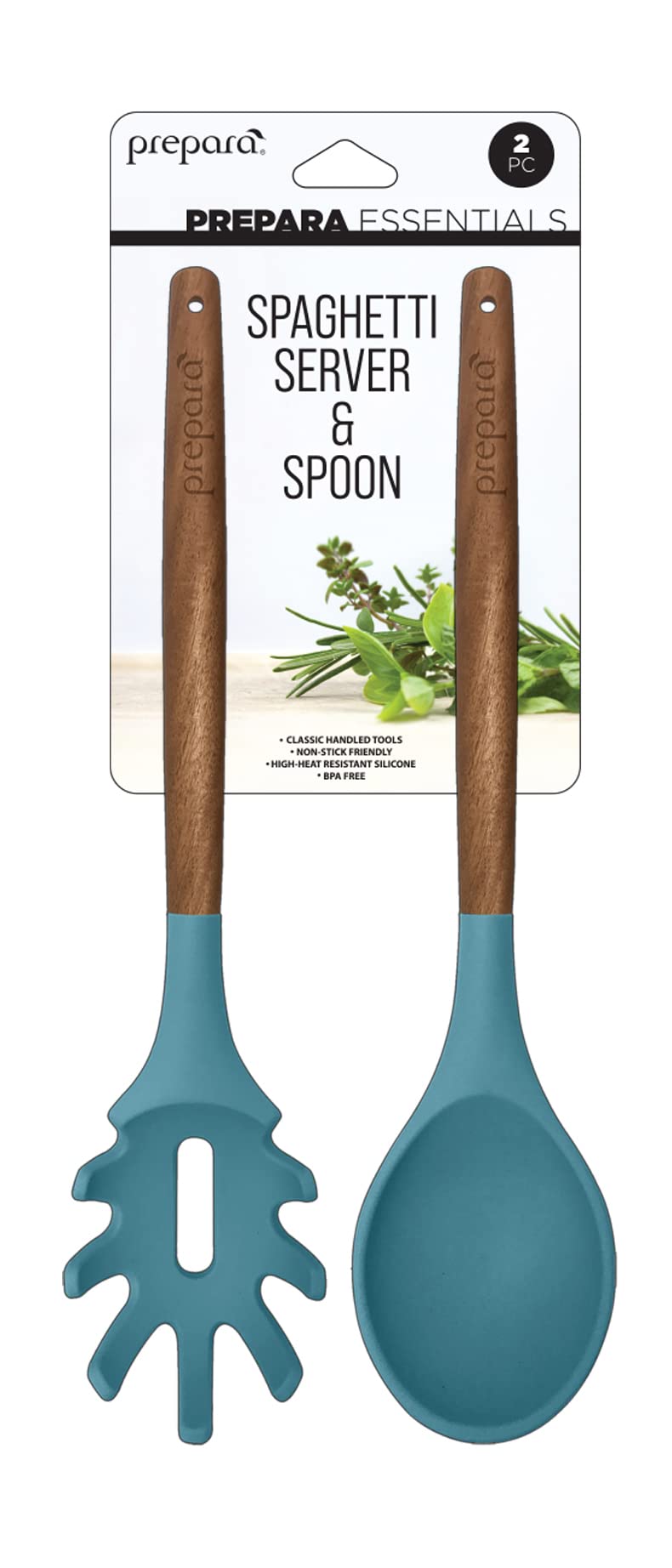 Prepara Acacia And Silicone Spaghetti And Solid Spoon Set Cooking Utensils, Set Of 2, Steel Blue